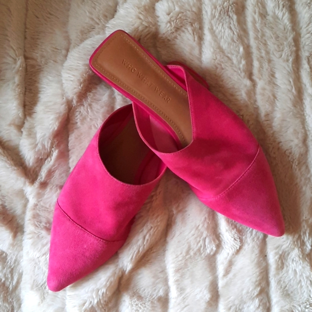 Pink suede mules